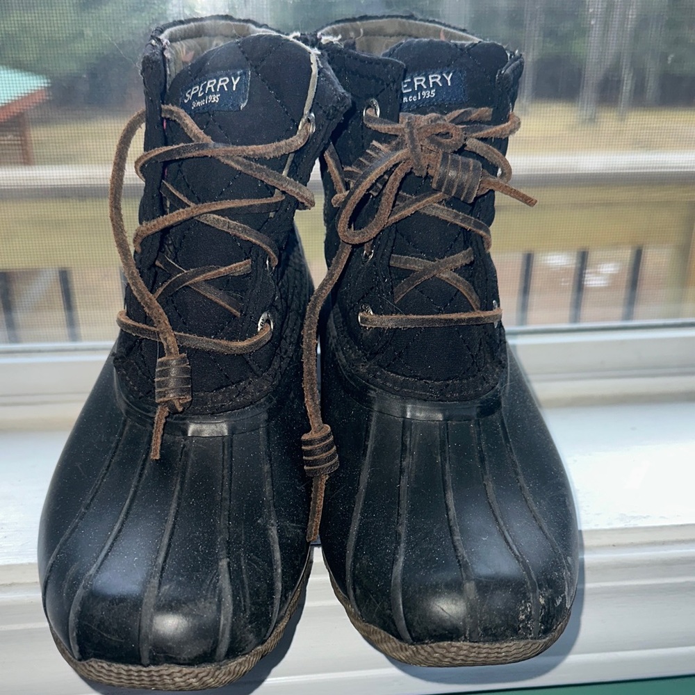Sperry Black Waterproof Duck Boots with Brown Laces